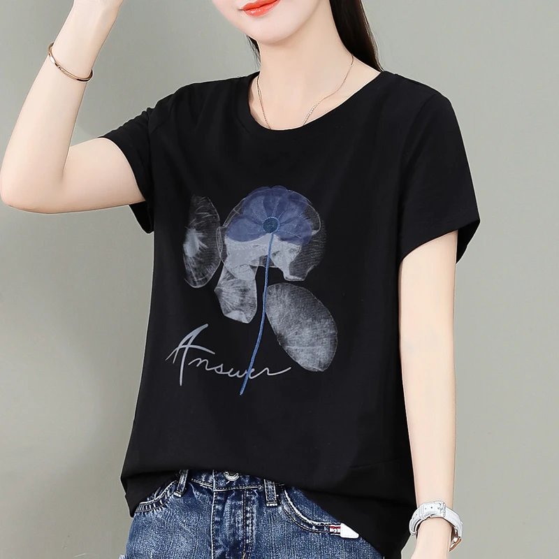 2025夏季女士棉T恤女宽松遮肚子圆领显瘦短袖T恤半袖妈妈装