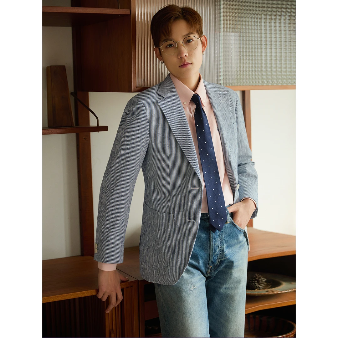 knighttom【可机洗半里衬】蓝色条纹泡泡纱中性风小个轻薄西服5051