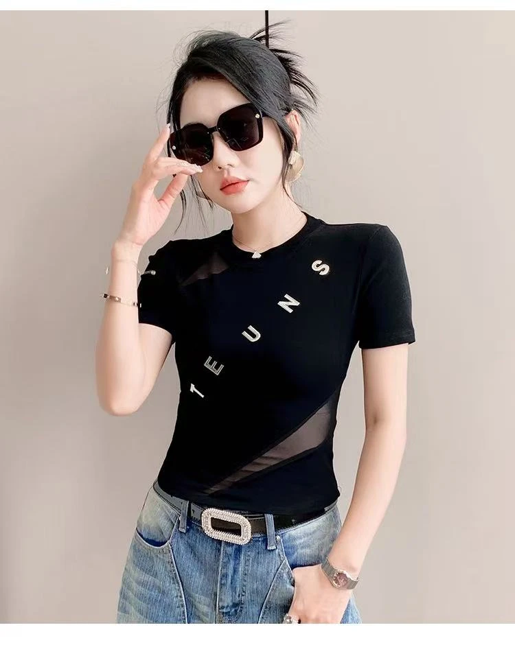 8079短袖春夏女士修身黑色T恤时尚中性风百搭