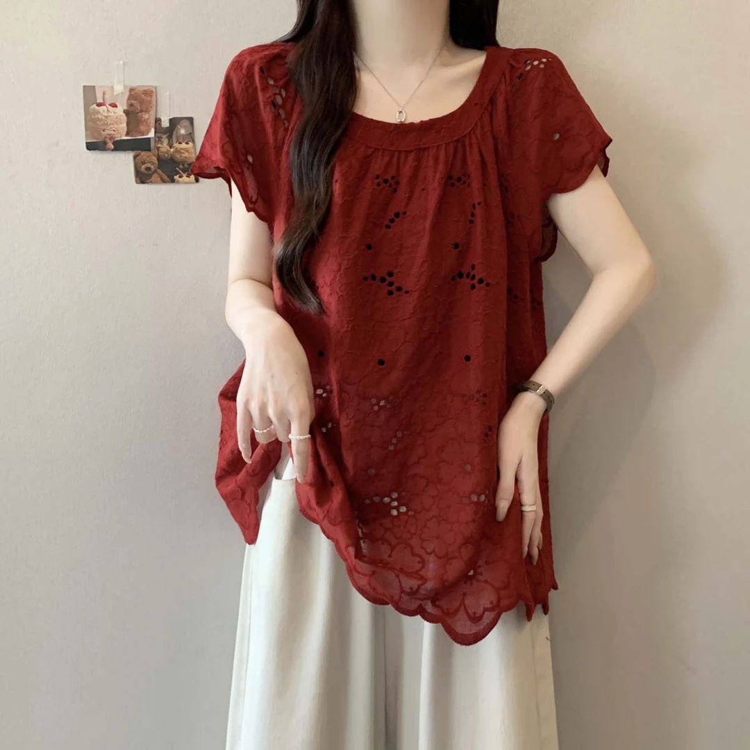 夏季洋气镂空气质蕾丝衫上衣大码女装胖mm显瘦高级感宽松遮肚衬衫