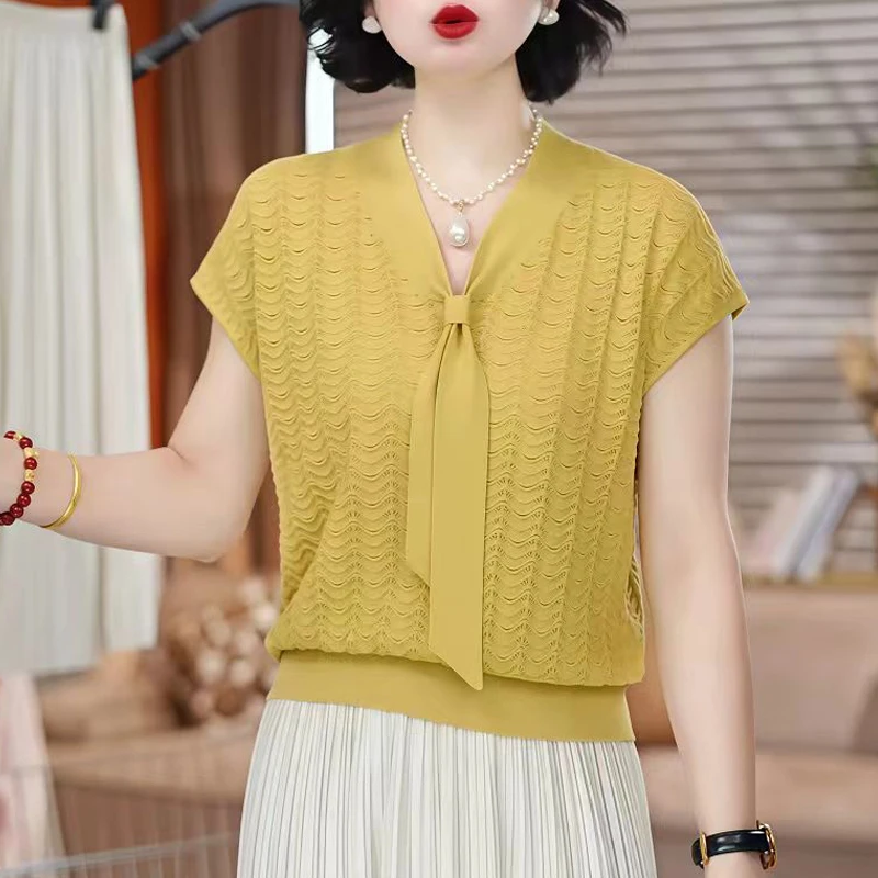 夏季薄款飘带V领设计感冰丝针织衫女短袖小众宽松显瘦短上衣洋气