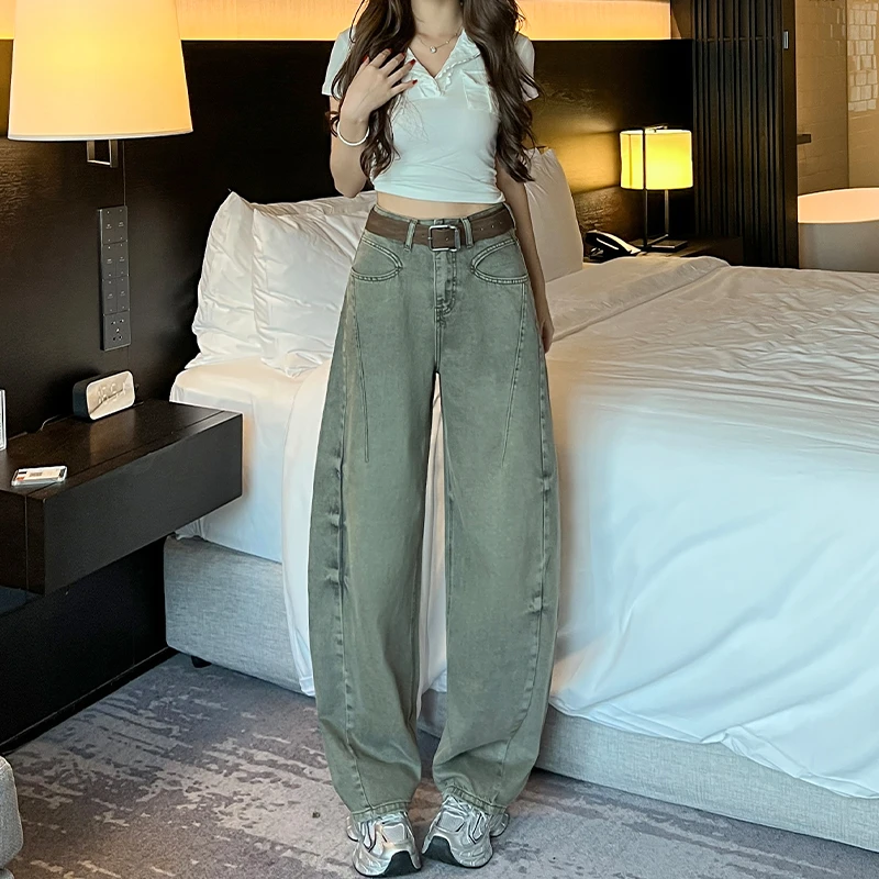 脏脏灰牛仔弯刀裤裤子阔腿裤高腰宽松2025秋季新款复古百搭遮肉