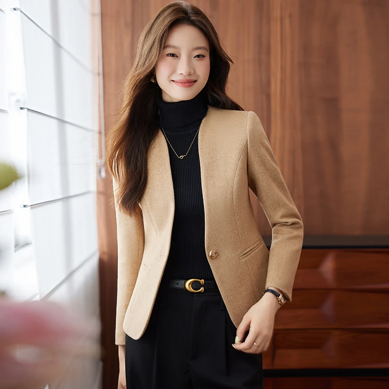 羊毛呢无领西装外套女2025秋冬新款高级感小个子气质短款西服上衣