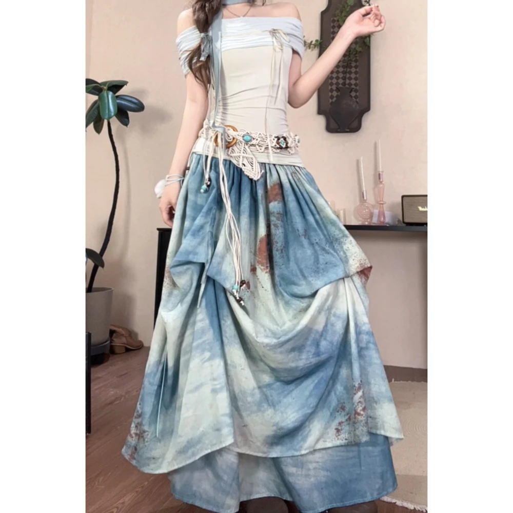 渐变扎染半身裙长裙女夏季蓝色复古印花 显瘦设计感