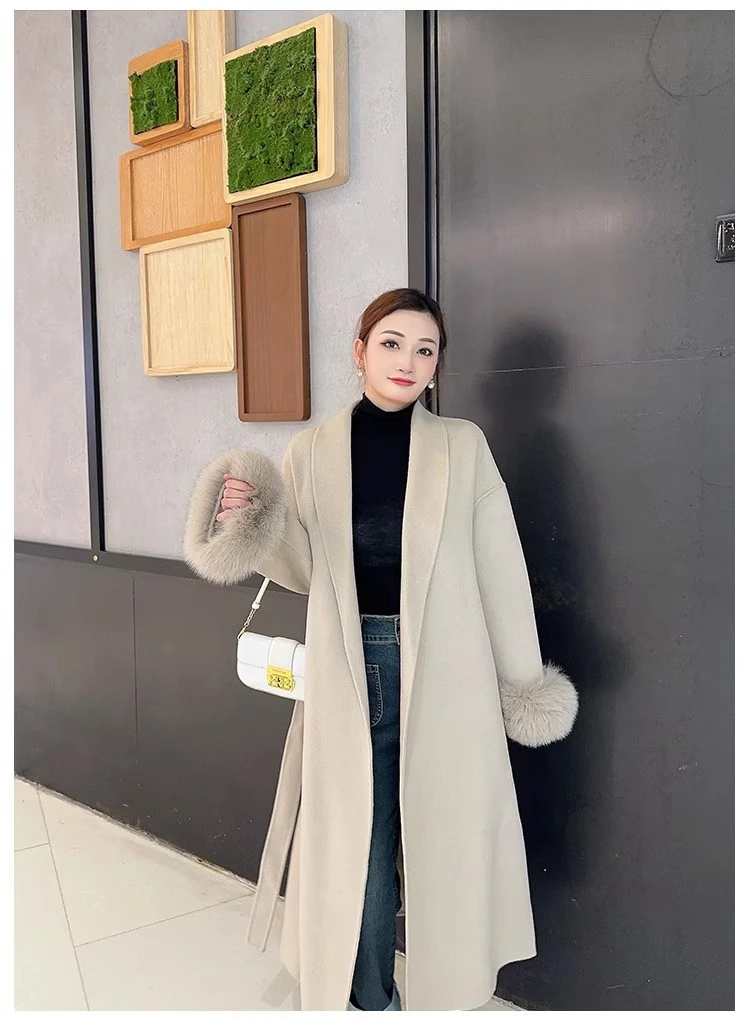 手缝双面呢大衣女2025秋冬季新款袖口可拆卸仿狐狸毛翻领毛呢外套