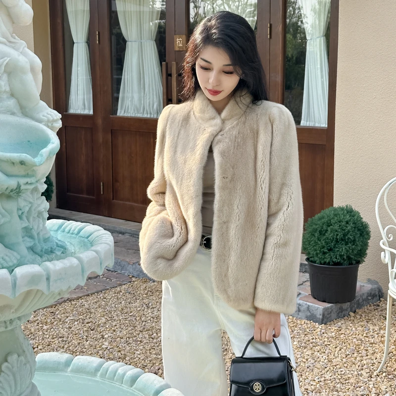 【仙本娜】进口水貂整貂皮草女外套立领短装泡泡袖