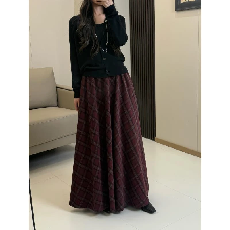 【丽】003大摆毛呢高腰格子复古百搭中长裙半身裙女2025秋冬新款