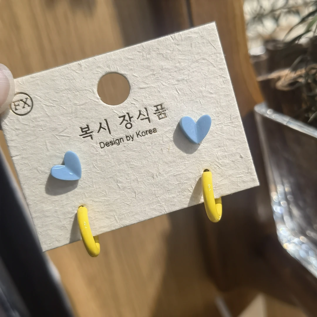 F626蓝色爱心黄色c圈耳钉耳饰一对