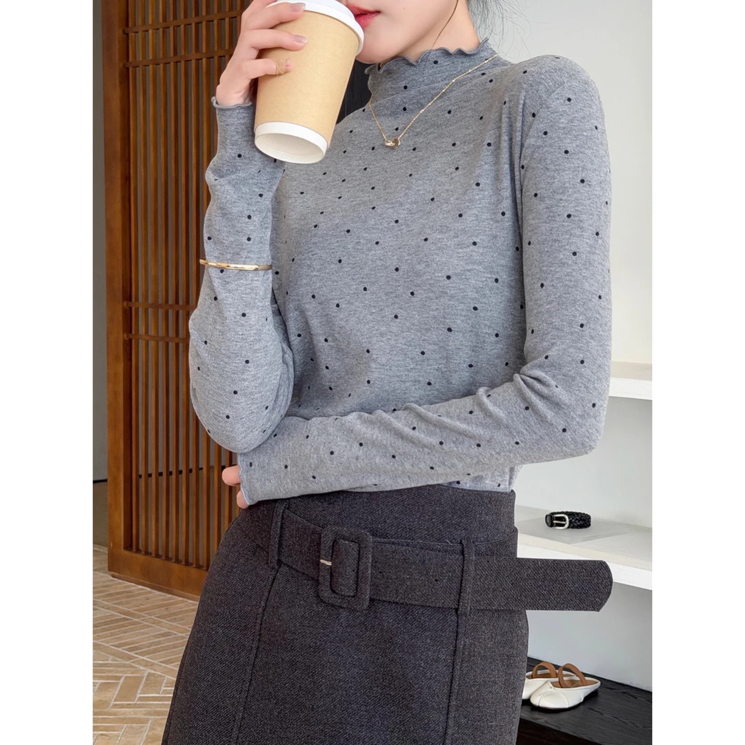 波点磨毛加绒女士打底衫秋冬装设计感灰色半高领长袖t恤内搭上衣