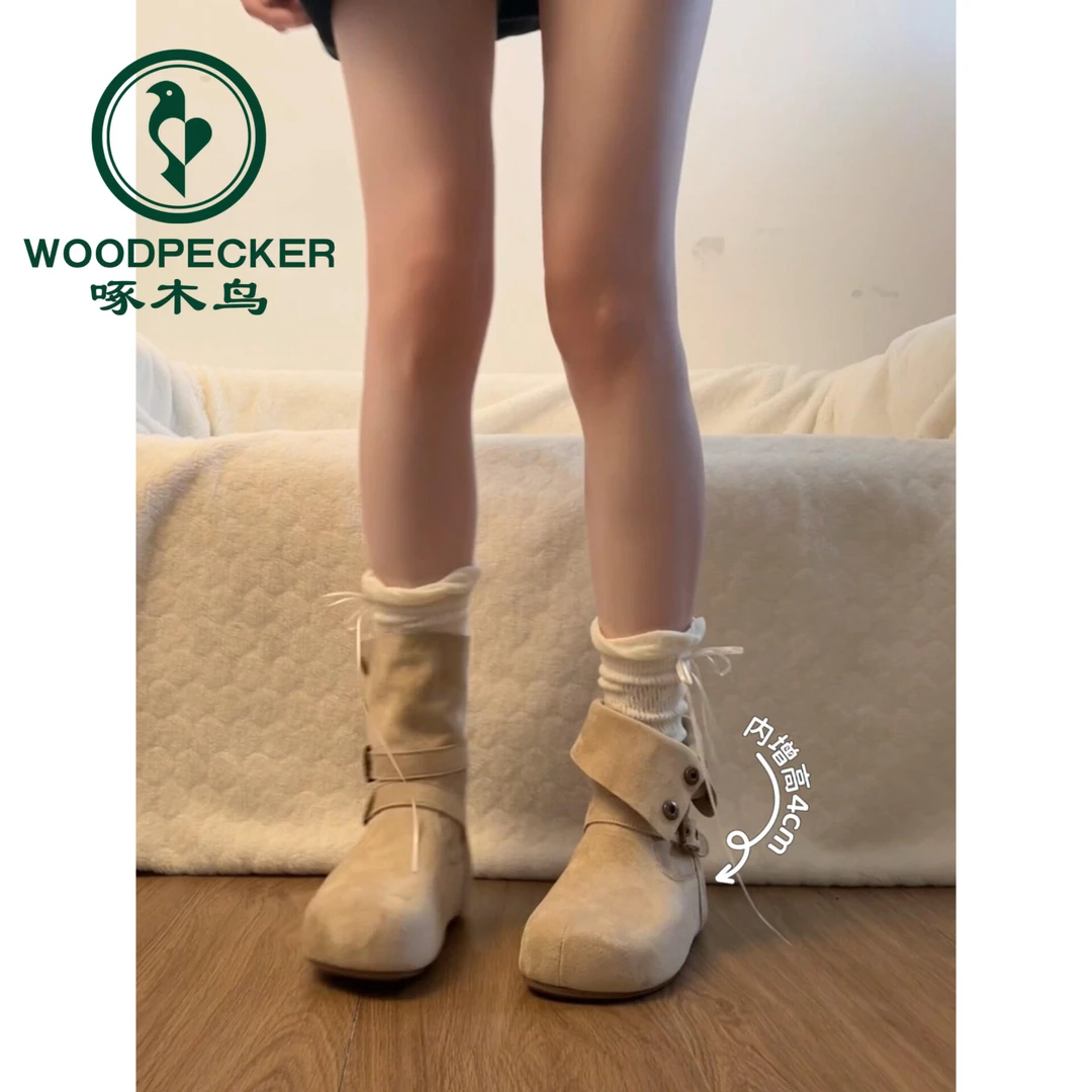 啄木鸟百搭增高厚底靴子女2025新款秋冬季配裙子显瘦两穿勃肯短靴