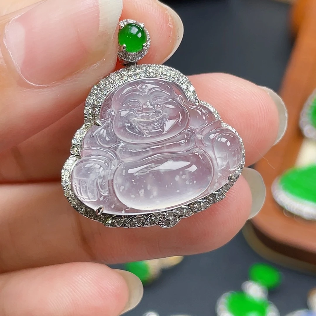 开***心翡翠18K金镶嵌颈饰高冰佛公