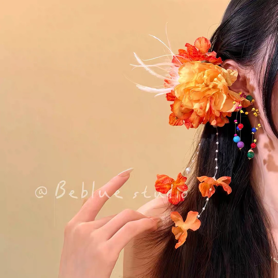 新中式橙色花朵流苏发夹女古风节日氛围感发饰