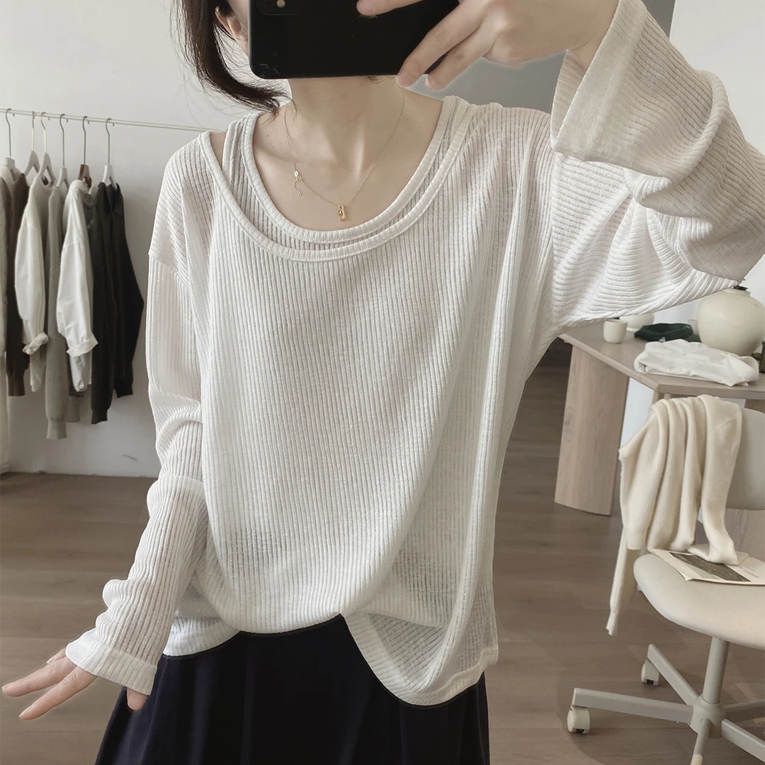 欧货圆领t恤套装女春秋新款宽松显瘦简约背心减龄上衣两件套打底