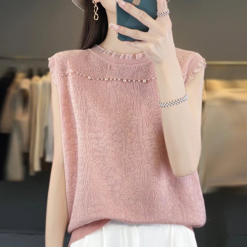 哥弟阿玛施正品2025夏季新款法式气质蕾丝钉珠圆领无袖镂空针织衫