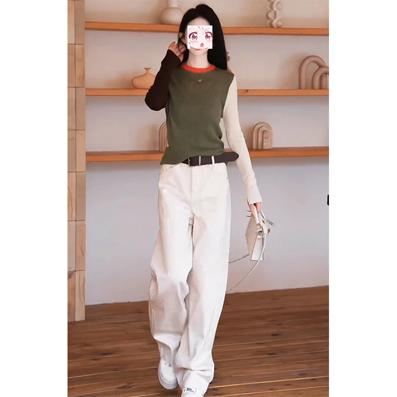 2025秋季拼接设计圆领长袖T恤打底衫高腰直筒休闲裤显瘦两件套装