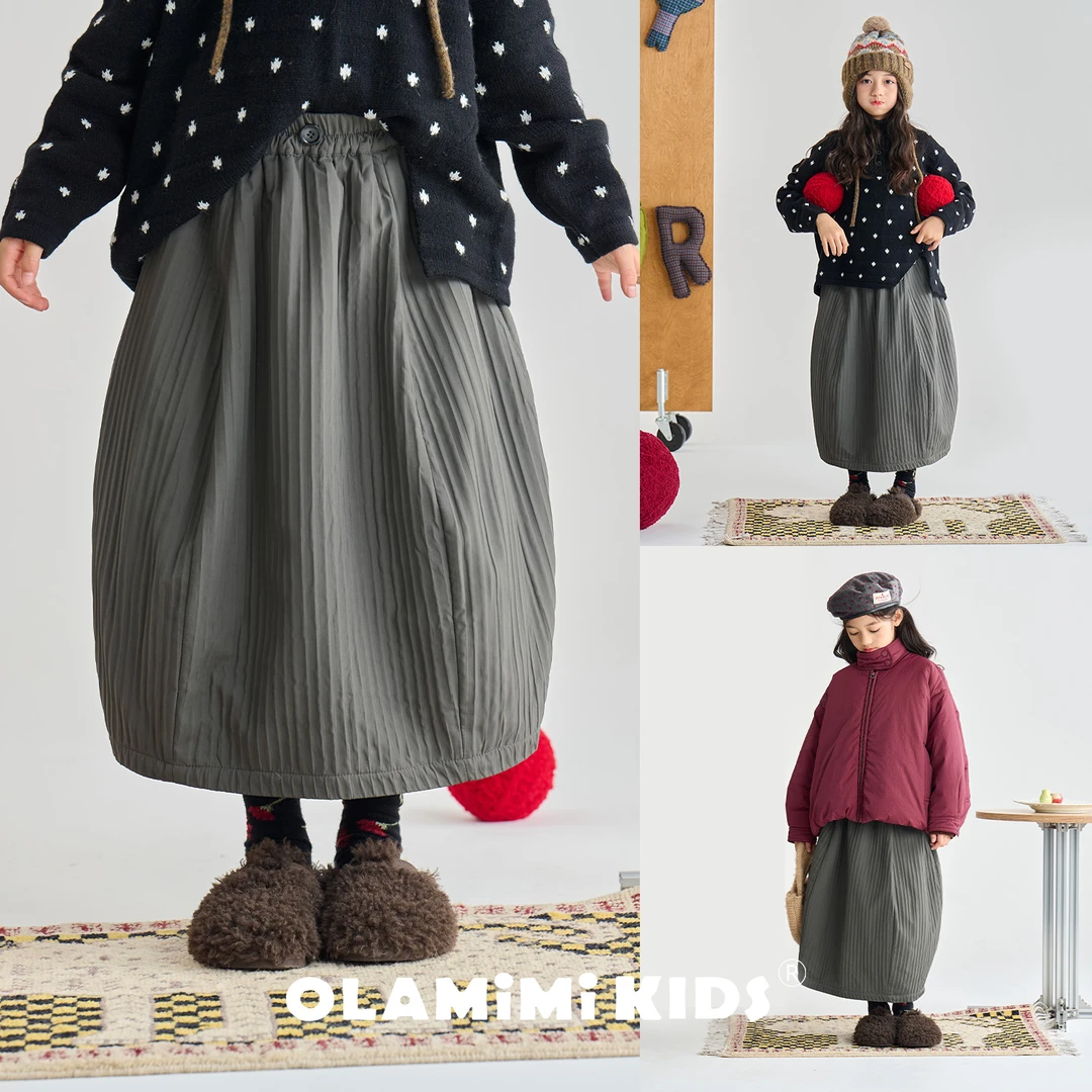 OLAMIMI儿童亲子2025冬鼠尾草灰绿日系褶皱肌理感花苞裙中长半裙