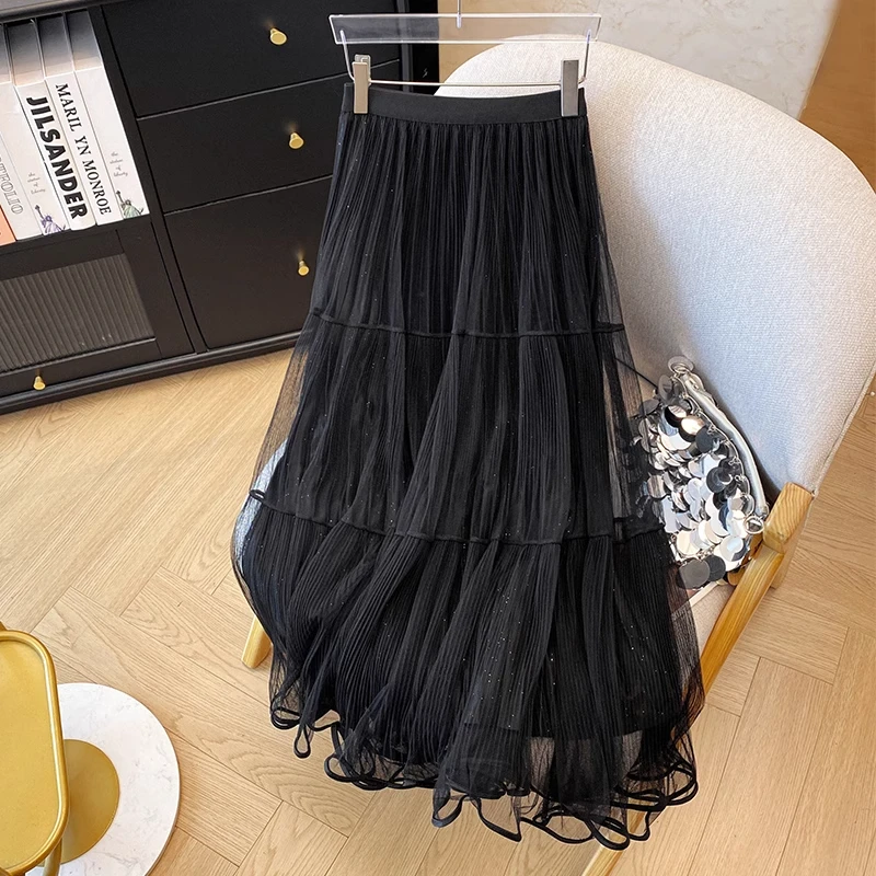 La babite层次感半身裙女2025年夏季新款百搭褶皱高腰蕾丝拼接裙