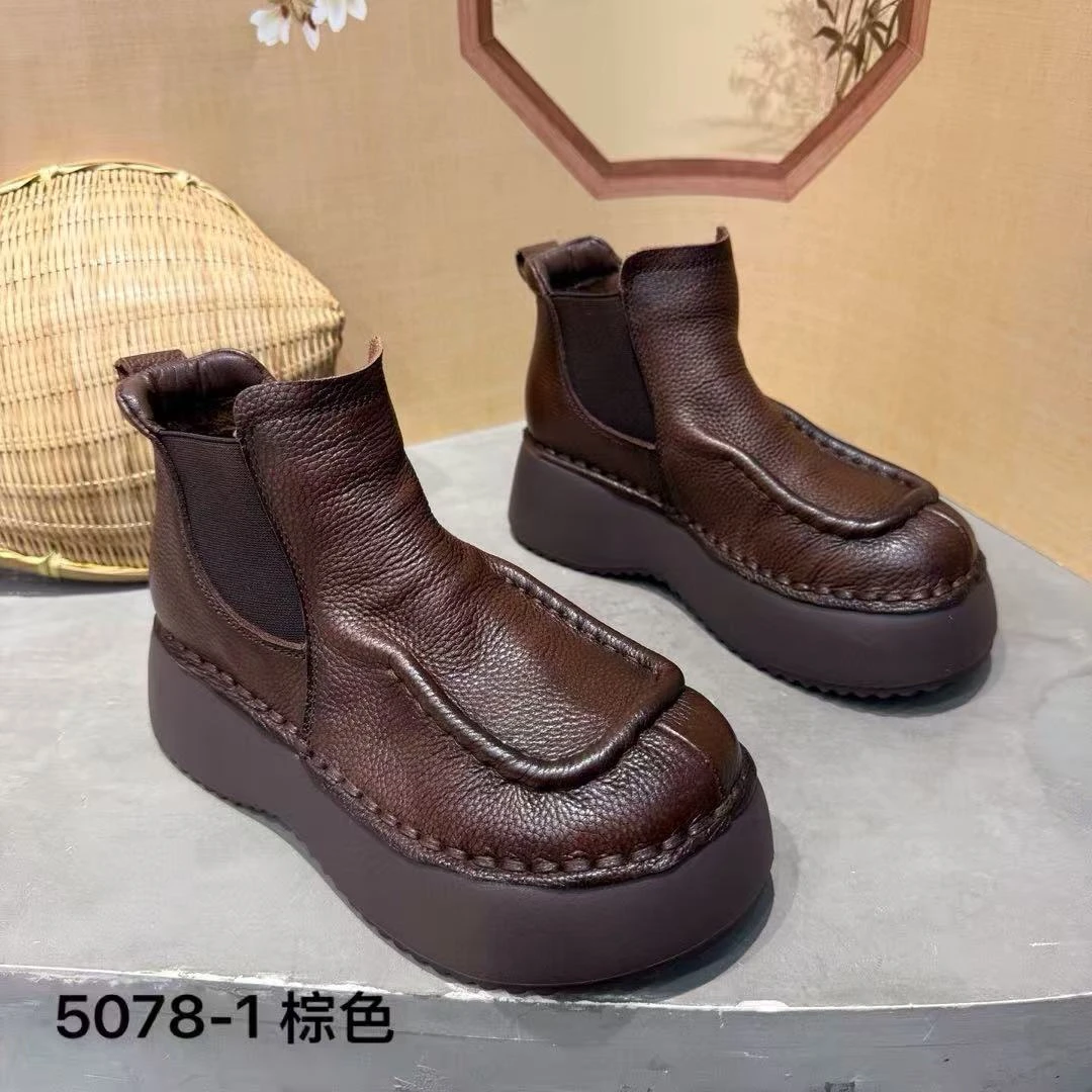 秋冬新款复古厚底真皮马丁靴皮带扣高跟出来头层牛皮短靴子轻便底