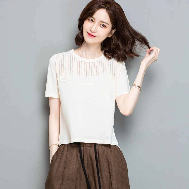 薄款短袖针织T恤衫女夏季新款圆领短款上衣和纸纱百搭透气不起球