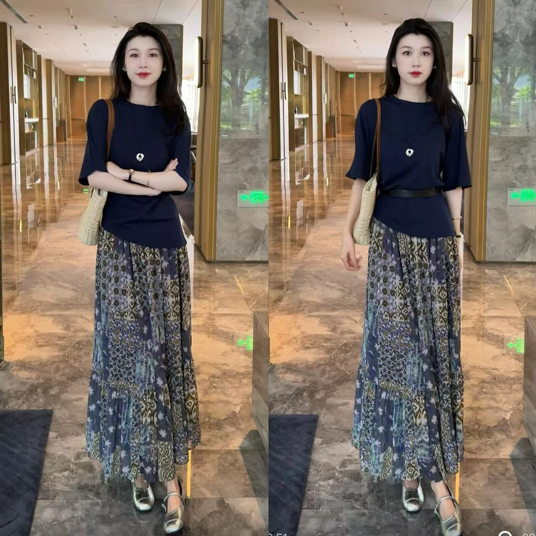 不规则T时尚设计休闲气质款T恤+ 百搭高腰半身裙套装