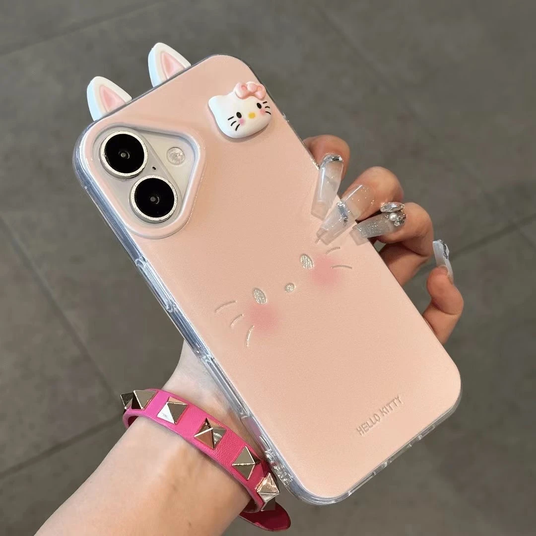 粉Kitty表情耳朵适用苹果16ProMax大孔手机壳vivo华为oppo小米15