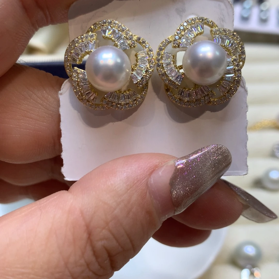 银S925镶嵌海水珍珠耳饰