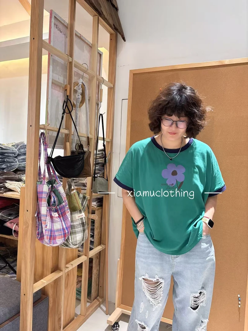 夏沐家撞色领花朵百搭休闲棉T恤418