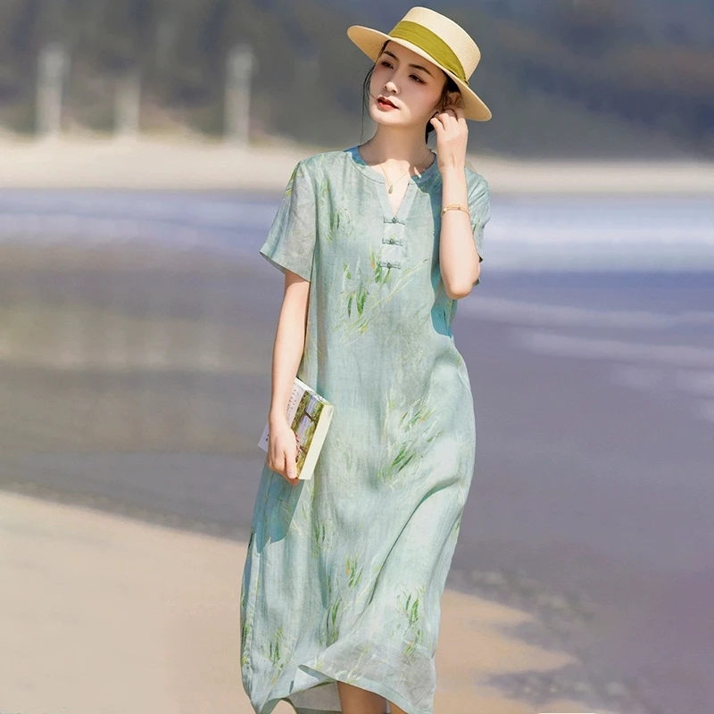 7355#文艺复古短袖印花夏季V领连衣裙印花时尚文艺女装旗袍绿色