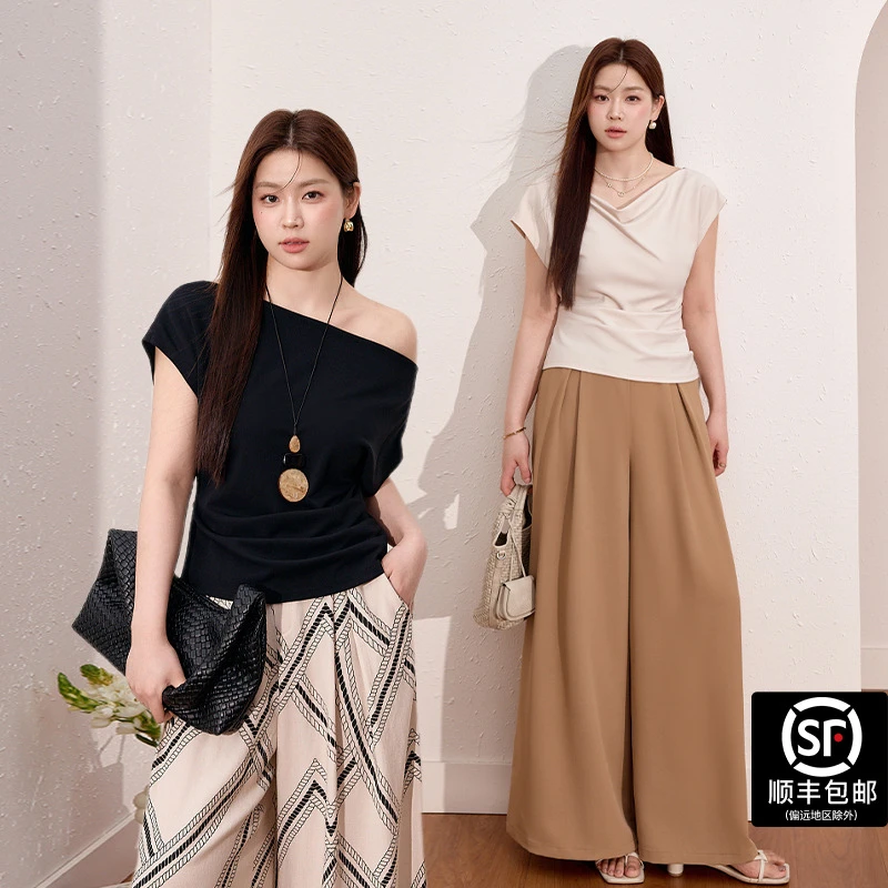 蓝语大码女装设计感气质斜肩短袖T恤2025掐腰显瘦荡领上衣09650