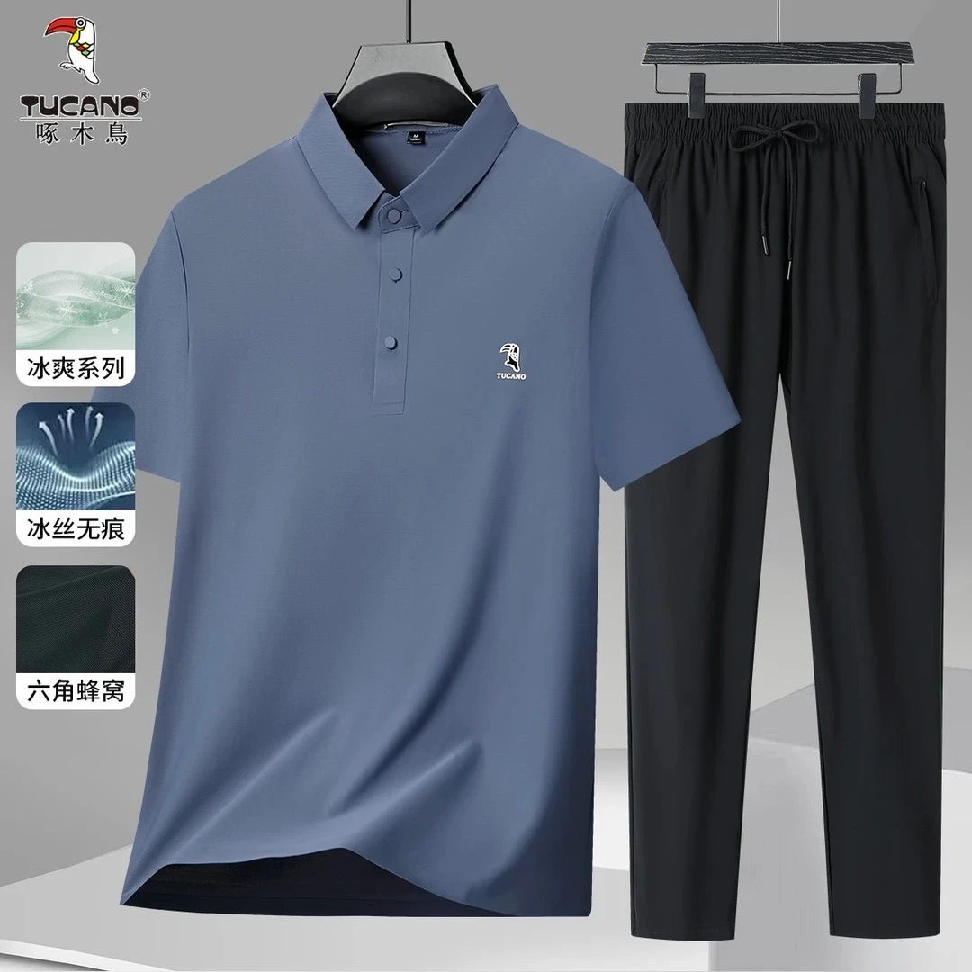 【冰丝套装】啄木鸟中老年休闲短袖Polo衫爸爸装冰丝裤父亲节礼物