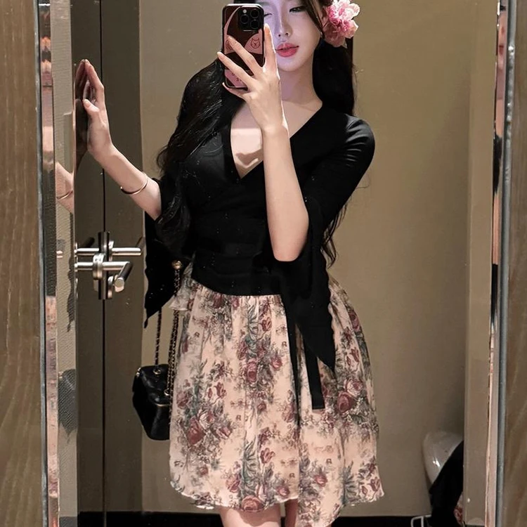 SYJ/舒衣家 覆古黑色碎花拼接七分袖洋装女气质V领优雅不规则裙