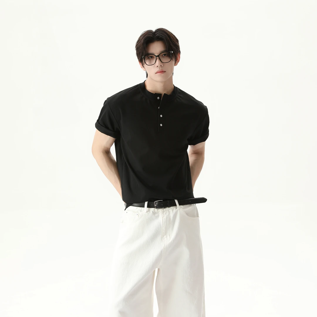 TURNTIDE美式复古亨利领短袖T恤宽松休闲百搭通勤cleanfit夏半袖