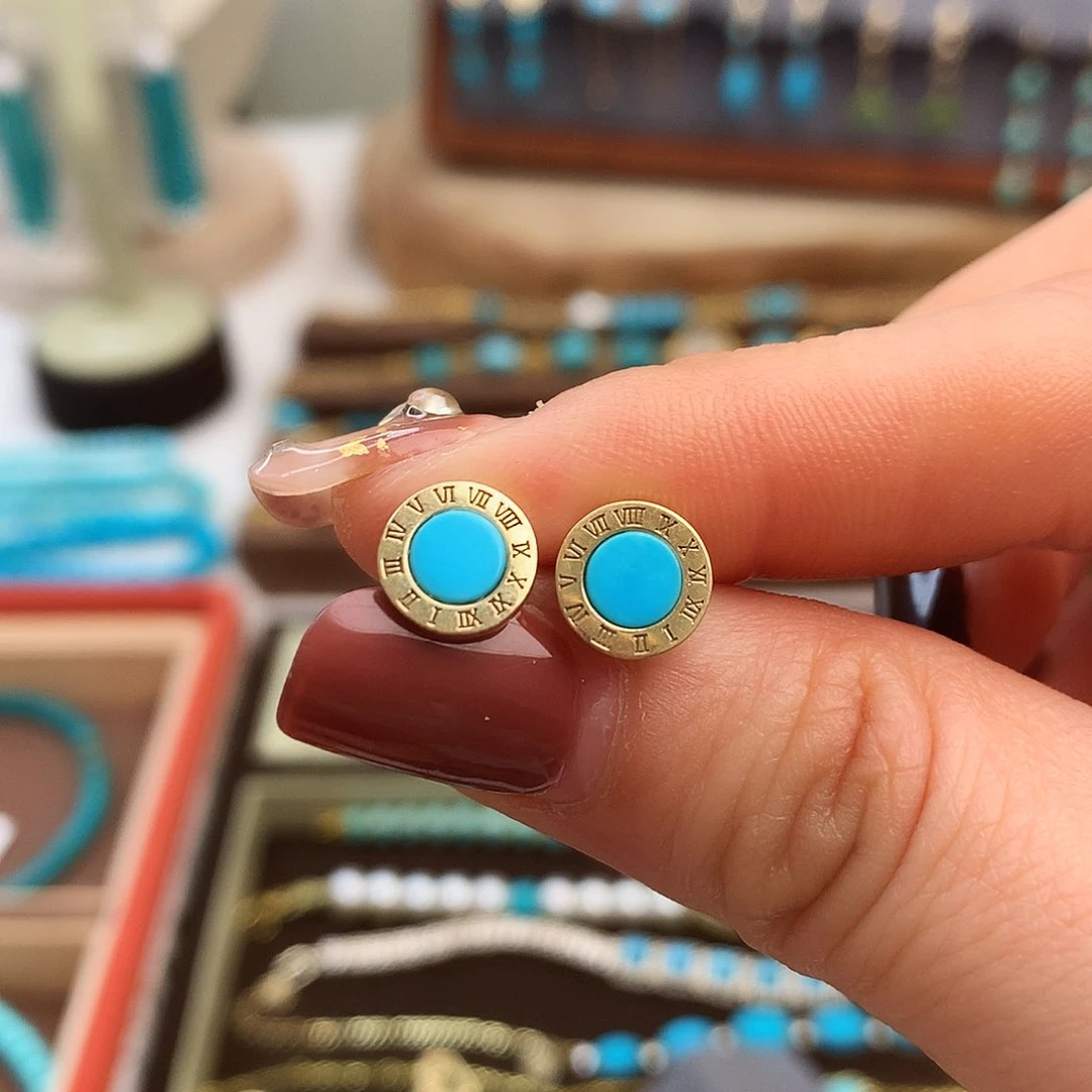 绿松石精品耳钉18K金镶嵌