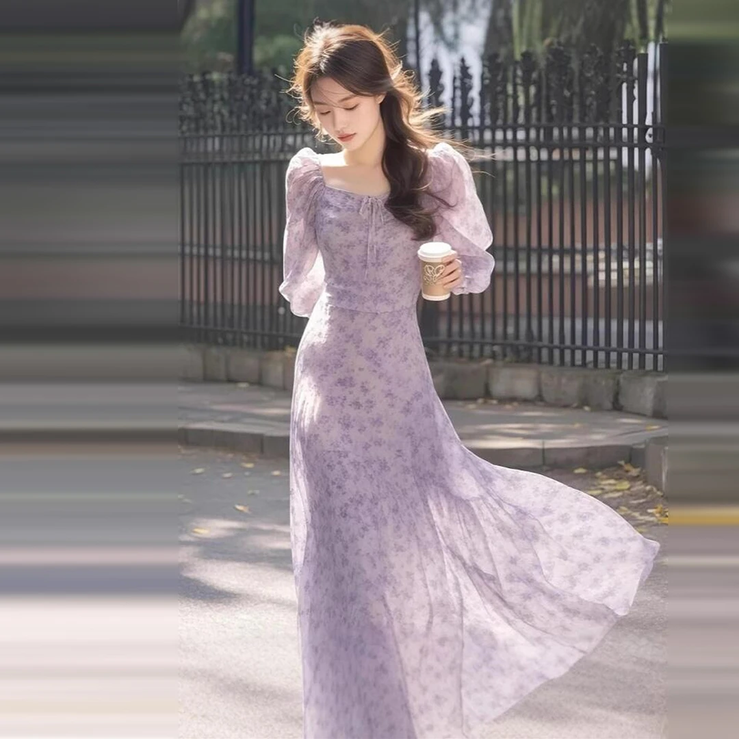 茶歇法式紫色碎花小众连衣裙2025新款度假风超仙女收腰长裙子4896