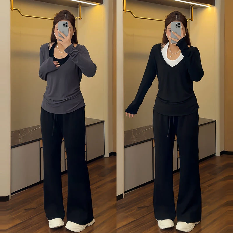 花菜微胖定制大码套装女胖mm韩系氛围感秋季新款挂脖背心上衣长裤