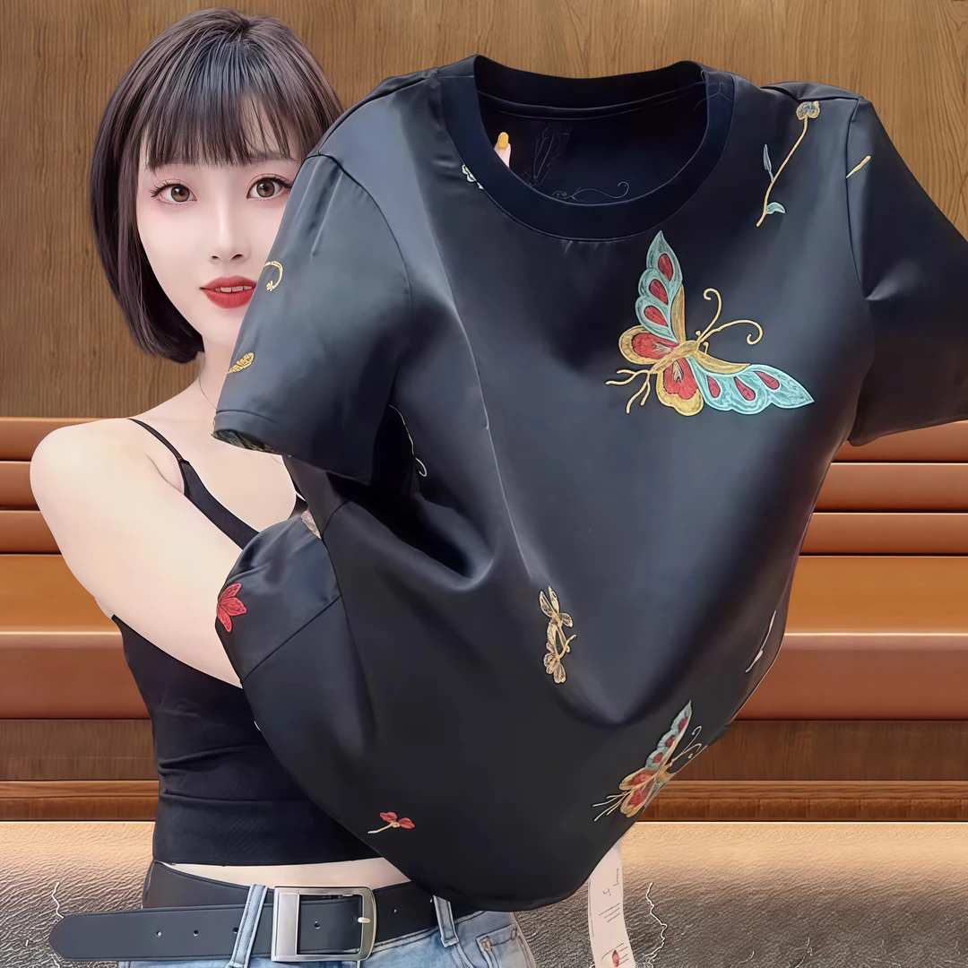 时尚年轻妈妈女装洋气时髦气质2025夏季新款重工蝴蝶烧花正肩上衣