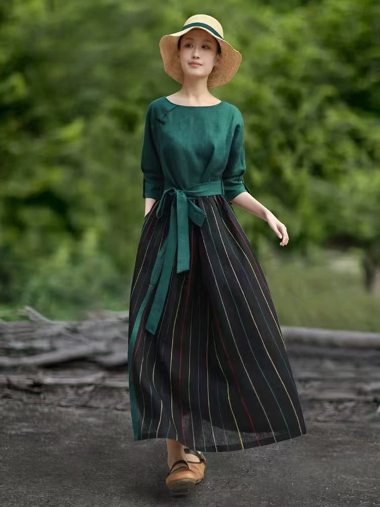 民族风棉麻拼接连衣裙女2025春夏新款复古文艺宽松显瘦气质长裙子