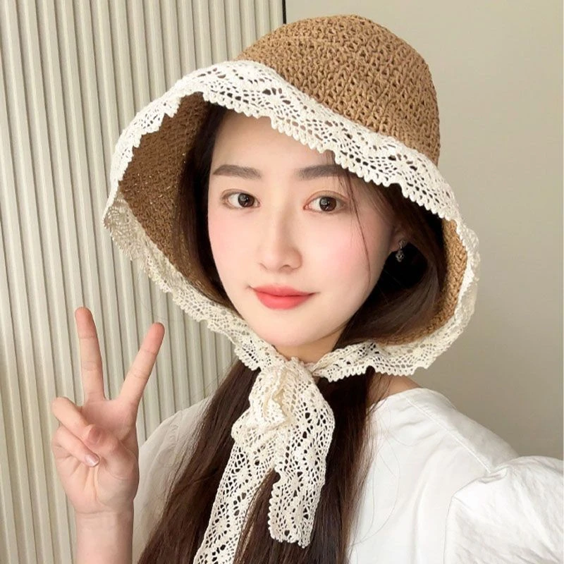 遮阳帽草帽女夏季蕾丝绑带渔夫帽子女海边沙滩防晒遮脸手工太阳d2