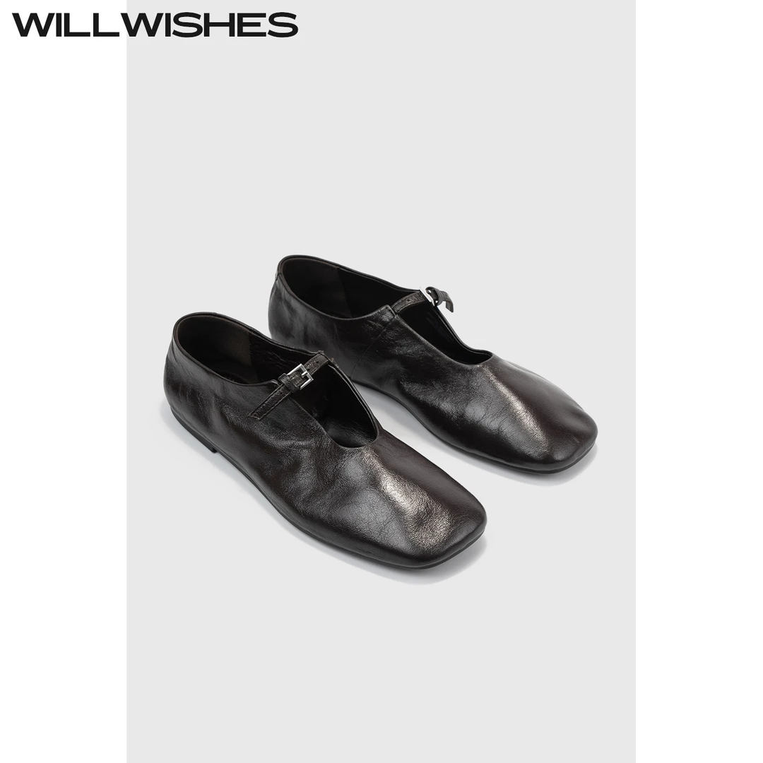 WILLWISHES/王玎设计女鞋时尚通勤一字扣方头单鞋女浅口平底鞋女