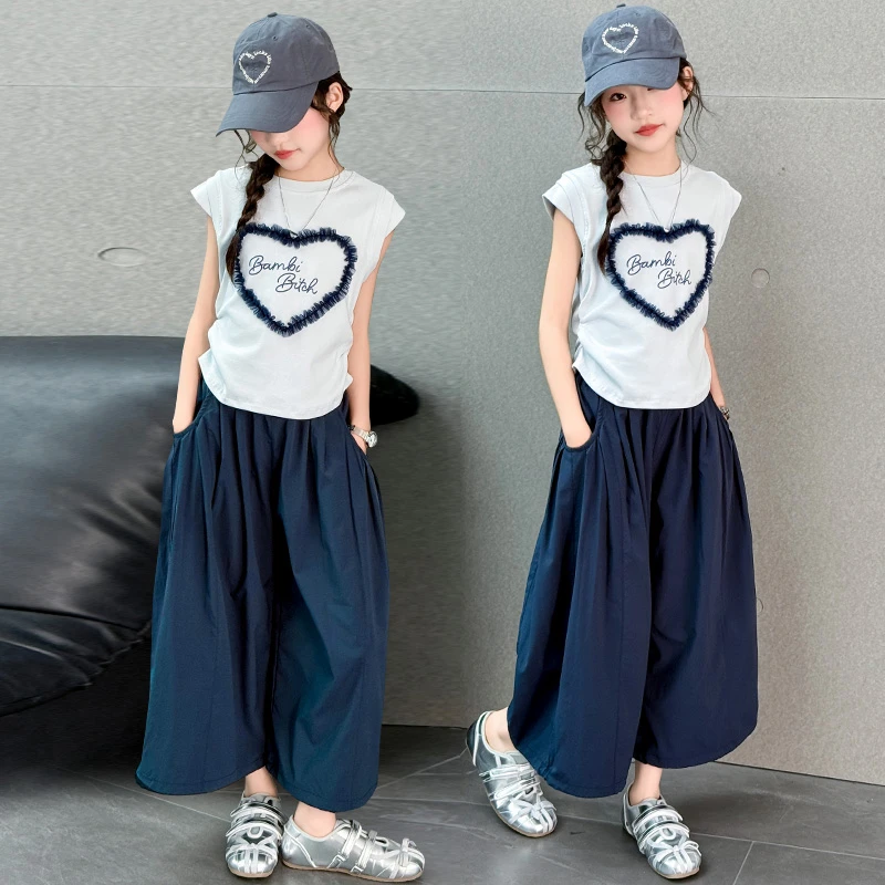 女童夏季时尚爱心T恤套装2025新款儿童薄款无袖休闲阔腿裤两件套