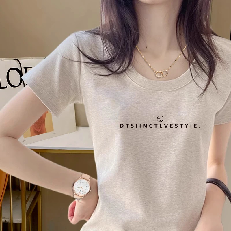 韩版简约修身显瘦短袖T恤女士夏季款纯欲风辣妹U型领洋气减龄上衣