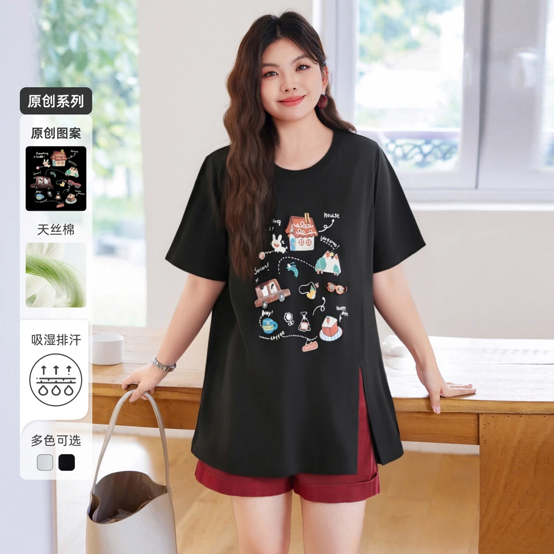 【趣味印花宽松短袖天丝棉】MsShe大码女装2025夏装开叉T恤K2507002