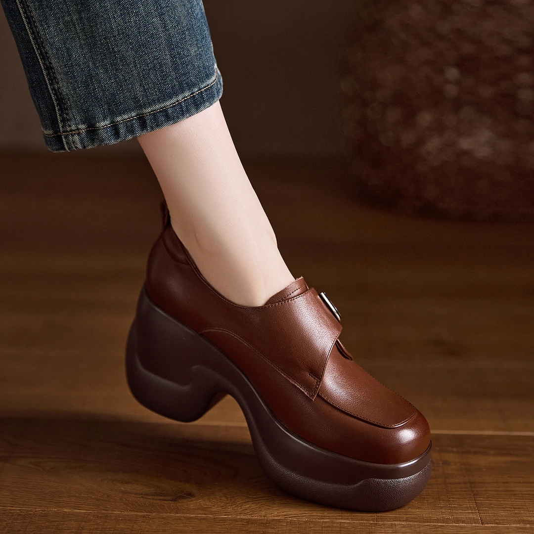 小个子手工女鞋9cm~圆头厚底坡跟高跟鞋防水台深口单鞋舒适小皮鞋