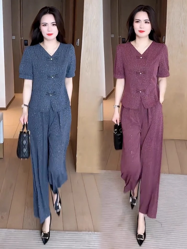 2025夏季新款时尚套装女网红减龄洋气质上衣阔腿裤新中式两件套