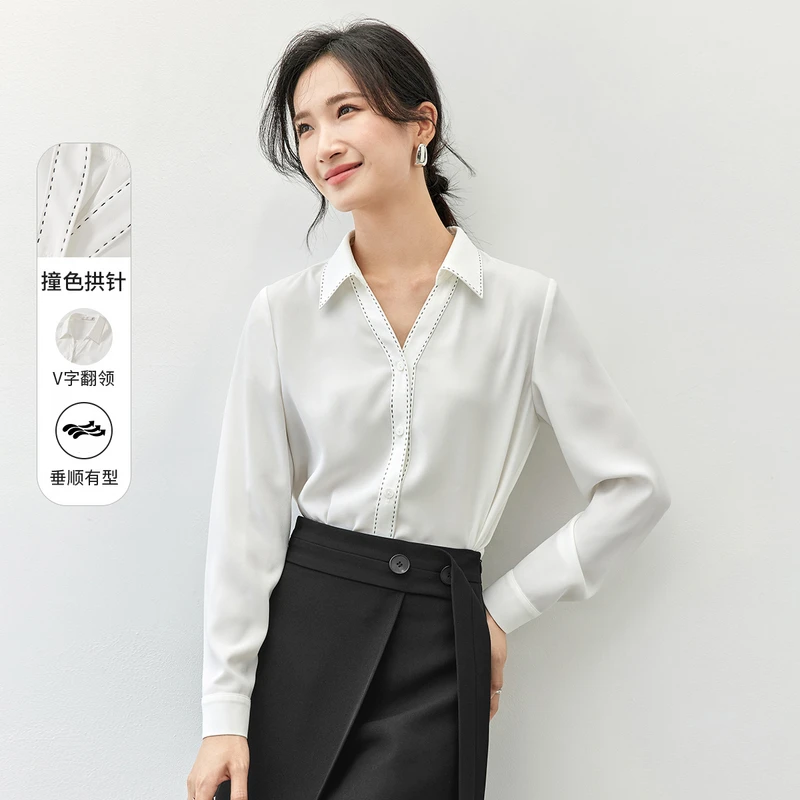 时尚通勤设计感撞色拱针工艺V字翻领落肩长袖衬衫57144