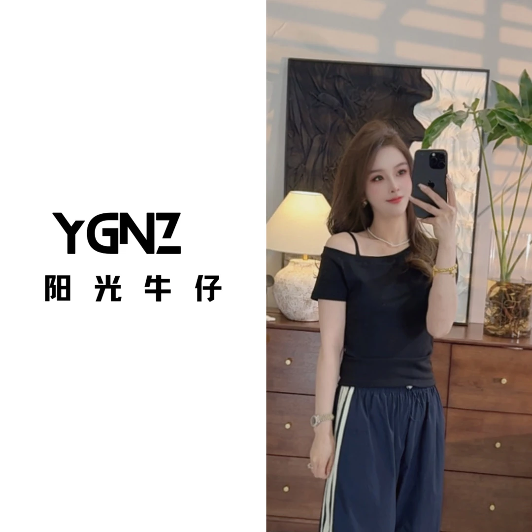 【阳光牛仔】“小甜豆”纯色斜肩短袖修身垫肩百搭T恤