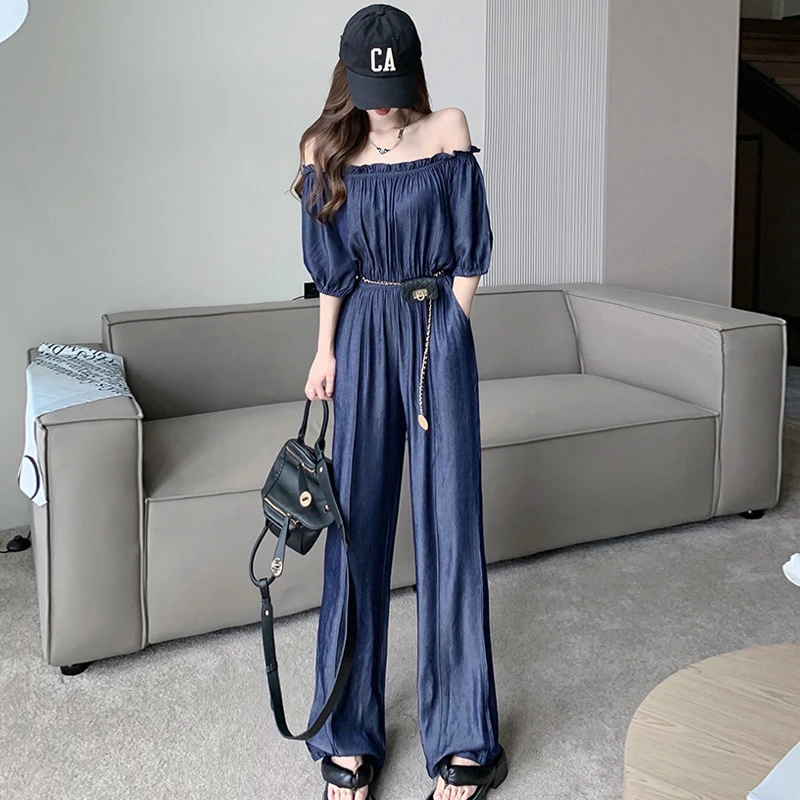 冰丝牛仔连体裤夏女薄款高级感设计感小众一字肩收腰显瘦连衣裤薄