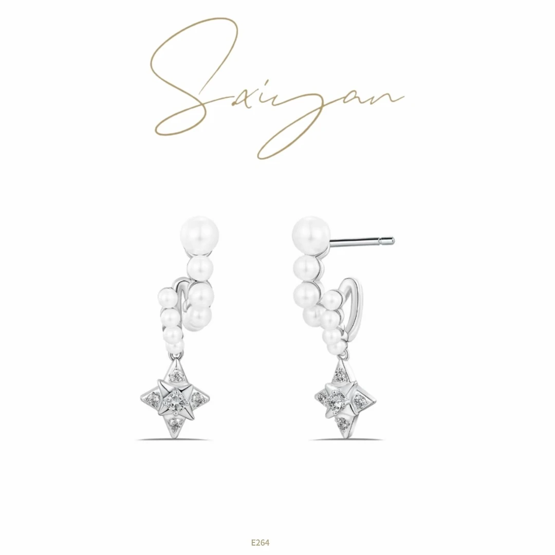 925银耳饰 S.xiyan【白月光】轻奢仙气时尚双排珠珠星星耳环E264