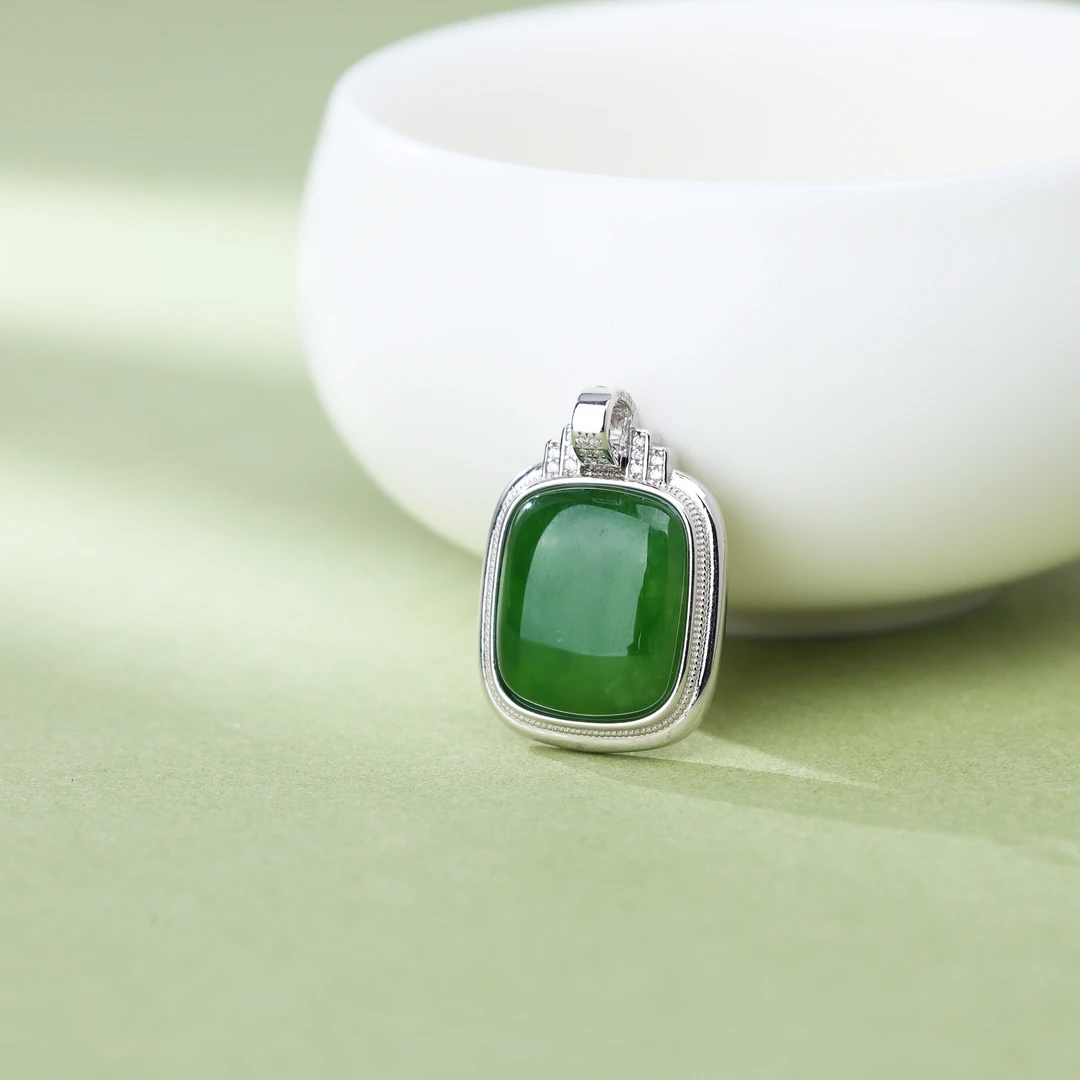 【央博玉】925银和田玉碧玉长方形吊坠-YB93810026-多样性发一|BHT5