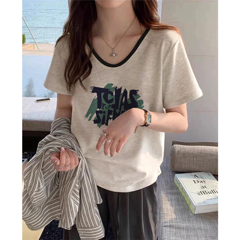 撞色V领短袖T恤女2025年新款春夏季设计感小众时尚减龄显瘦上衣潮